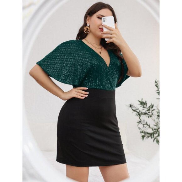 NWOT SHEIN Curve emerald green Sequin Butterfly Sleeve Dress in women's size 1XL - Picture 13 of 14